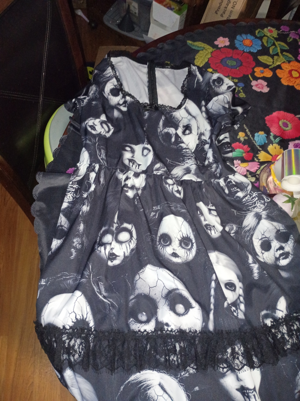 Dolls Kill Women Or Girls Black Gothic Doll-Print Dress with Lace Trim